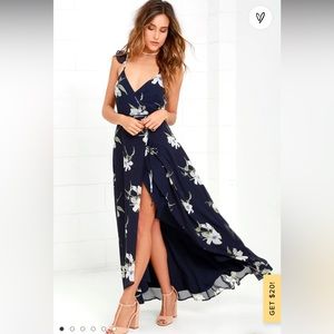Lulus All Mine Navy Blue Floral Print High-low Wrap Dress